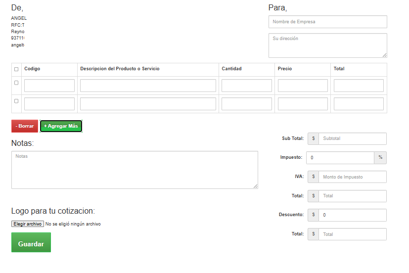 Vista del sistema de cotizaciones